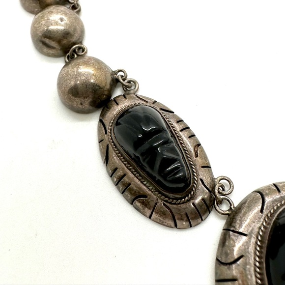🔥 Vintage Tribal Aztec Mask Black Obsidian Silver Necklace - Picture 5 of 17